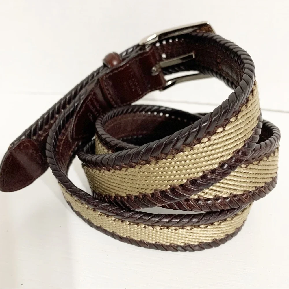 Ace Leather Belt Woven Sides Webbing Center Silver Toned Hardware Square Buckle
